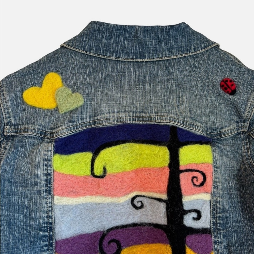 Upcycled Denim Jacket Hand Felted One Of A Kind Boho Hippie Art Whimsical Lg VTG - Picture 9 of 12